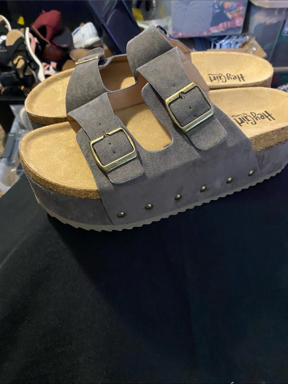 HEY GIRL BY CORKYS WANNABE WO SIZE 11 GRAY FAUX SUEDE SLIP ON WEDGE SANDAL